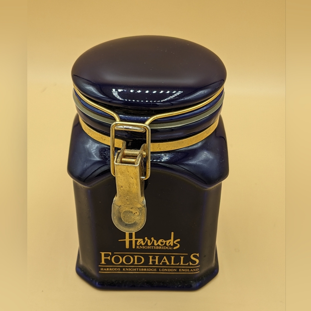 Harrods Cobalt Blue Canister Ceramic Jar Latching Lid  Base 3.5" x 4.75" H 14oz